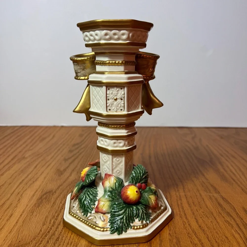 Vintage Fitz & Floyd Classics Christmas Taper Candle Holder Holly Fruit Gold 10